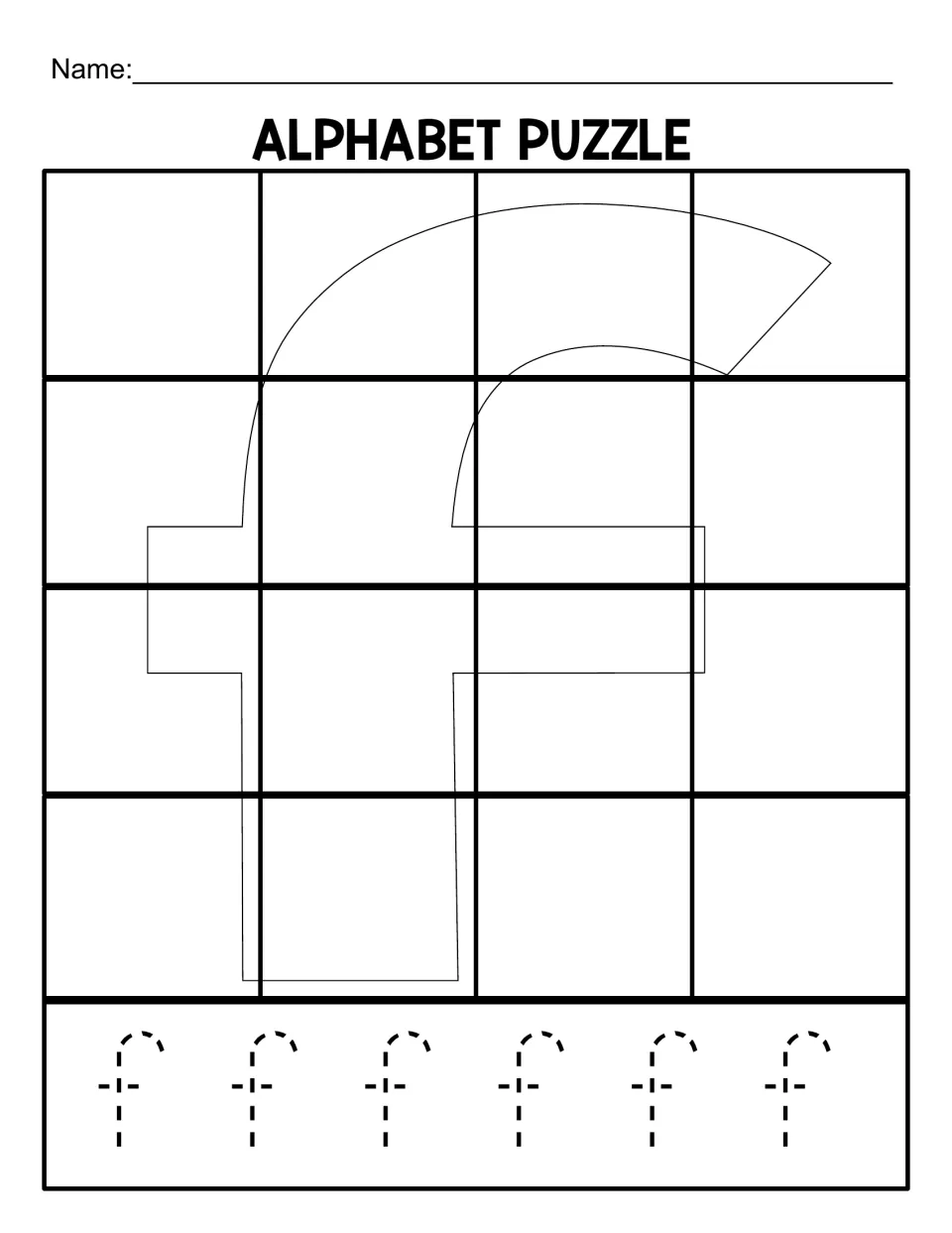 Lowercase f puzzle mat for 16 cut-out pieces, with a letter outline and six lowercase fs to trace below