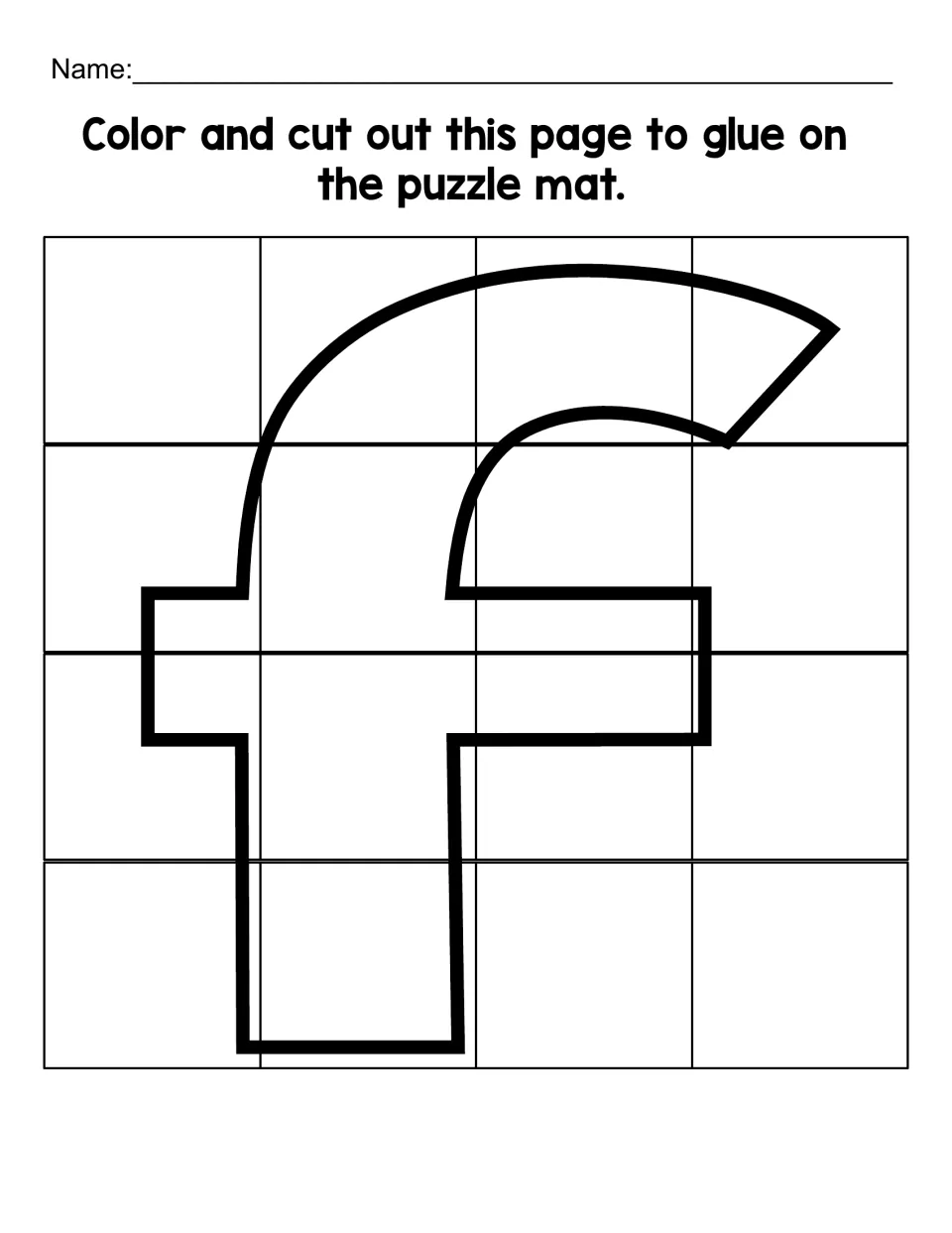 Lowercase f puzzle sheet with 16 pieces to color, cut out, and glue onto the matching lowercase f mat