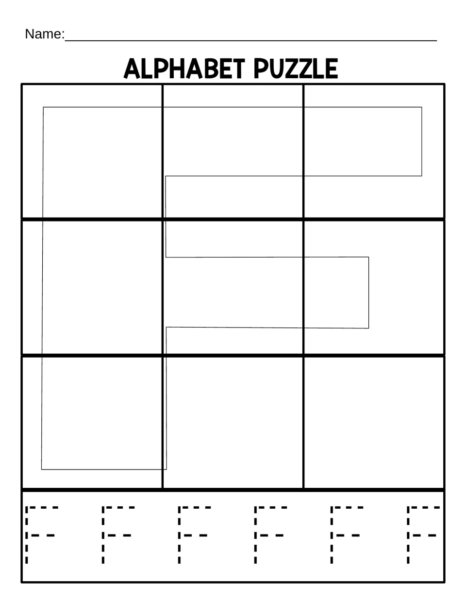 Uppercase F puzzle mat for nine cut-out pieces, with a letter outline and six uppercase Fs to trace below