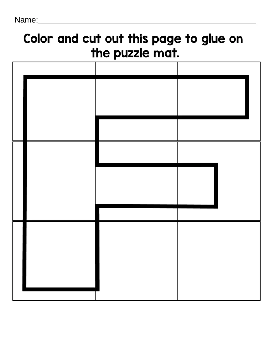 Uppercase F puzzle sheet with nine pieces to color, cut out, and glue onto the matching uppercase F mat