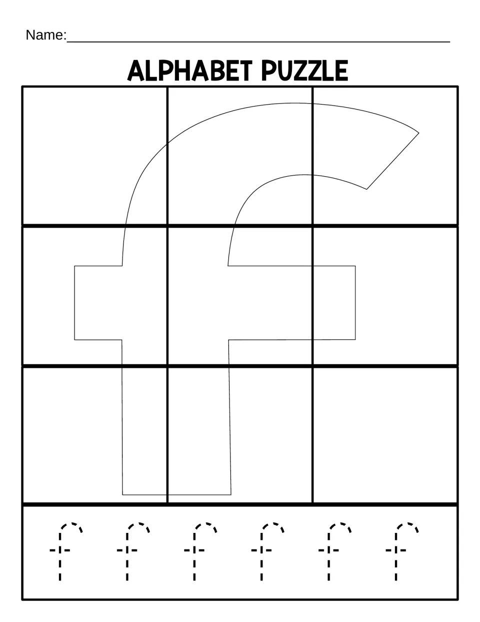 Lowercase f puzzle mat for nine cut-out pieces, with a letter outline and six lowercase fs to trace below