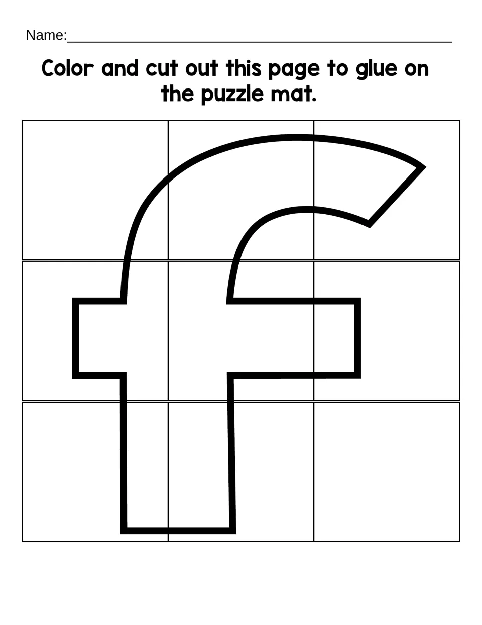 Lowercase f puzzle sheet with nine pieces to color, cut out, and glue onto the matching lowercase f mat