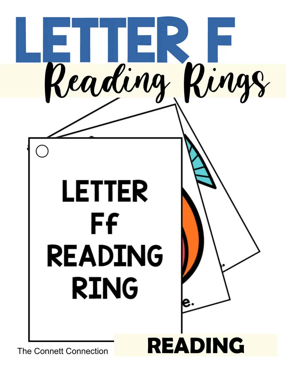 Cover of Letter F Reading Rings by The Connett Connection, showing a fanned stack of hole-punched picture cards