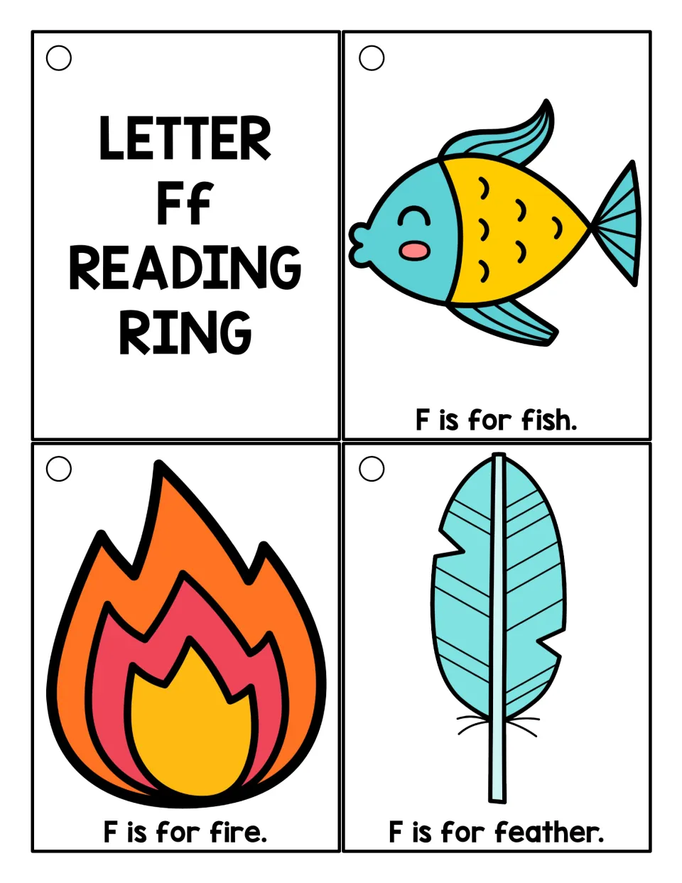 Color letter Ff cards: a title card plus F is for fish, fire and feather, each picture with a short sentence to read