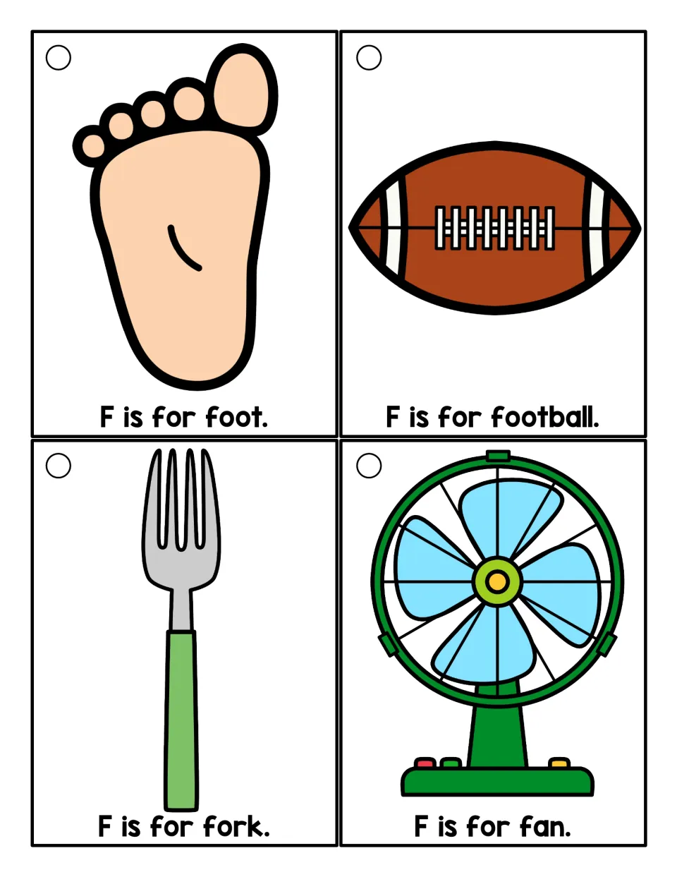 Color F cards for beginning sound practice: F is for foot, football, fork and fan, each pictured with its sentence