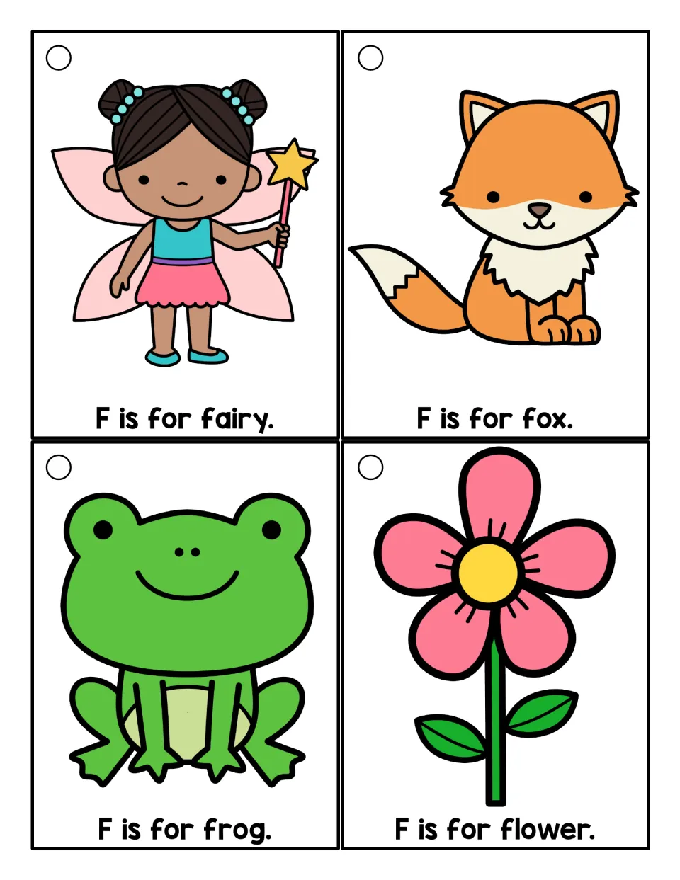 Color F cards: F is for fairy, fox, frog and flower, with a picture above each simple sentence for children to read
