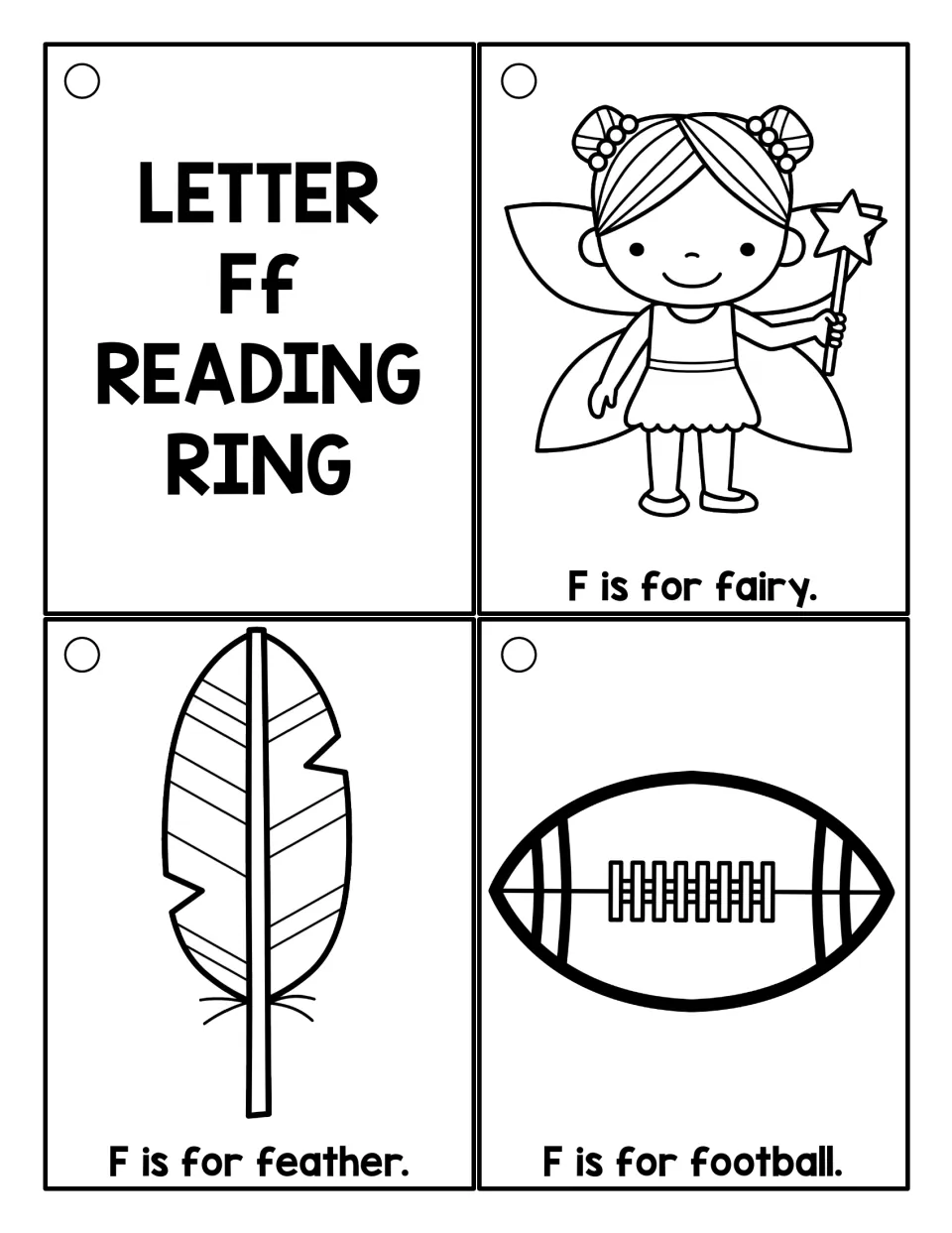 Black-and-white Ff cards to color: a title card plus F is for fairy, feather and football, each with a sentence to read