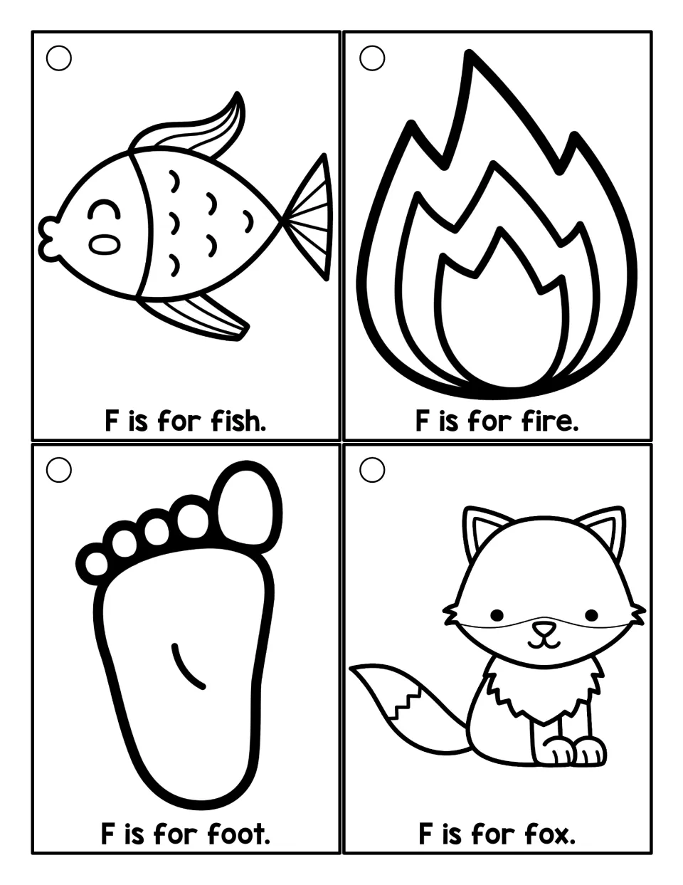Black-and-white F cards to color and read: F is for fish, fire, foot and fox, line drawings above each short sentence