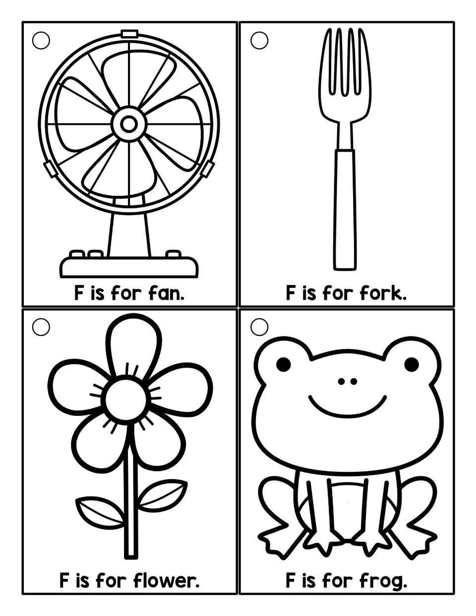 Black-and-white F cards to color and read: F is for fan, fork, flower and frog, line drawings with a sentence under each