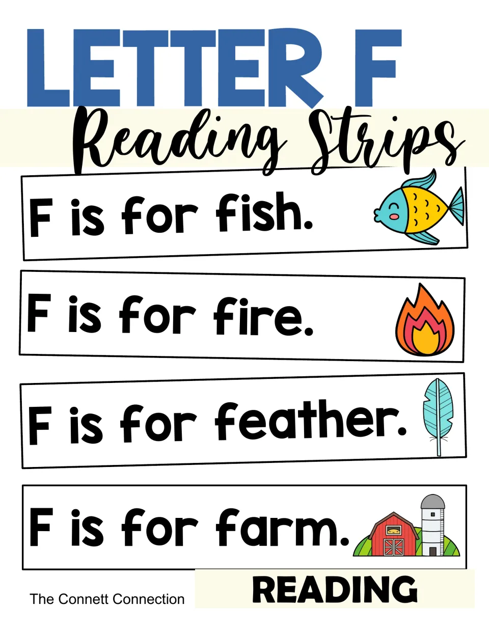 Letter F Reading Strips cover showing sample sentence strips: F is for fish, fire, feather and farm, each with a picture