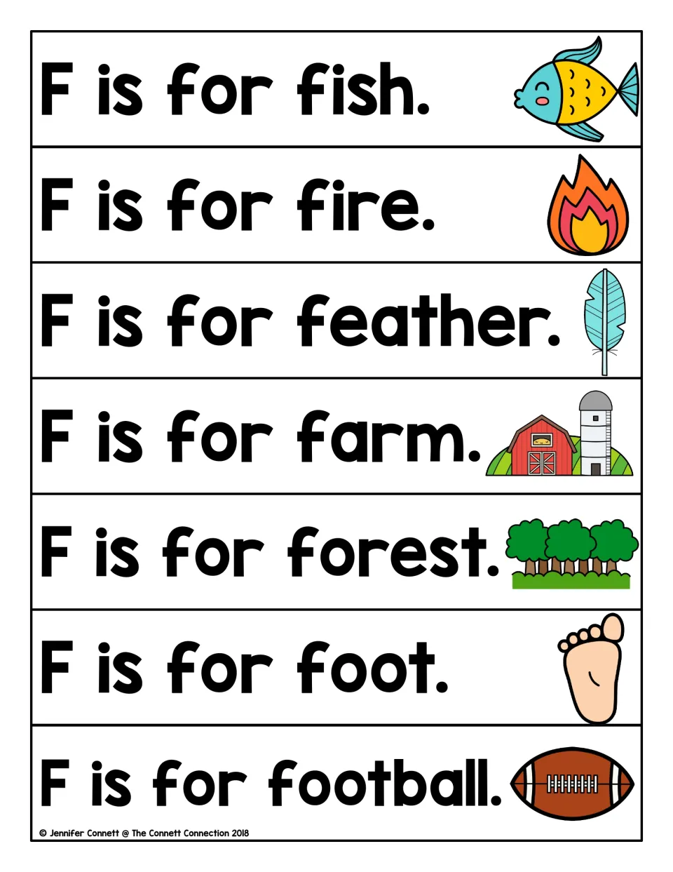 Letter F sentence strips: students read F is for fish, fire, feather, farm, forest, foot and football with pictures