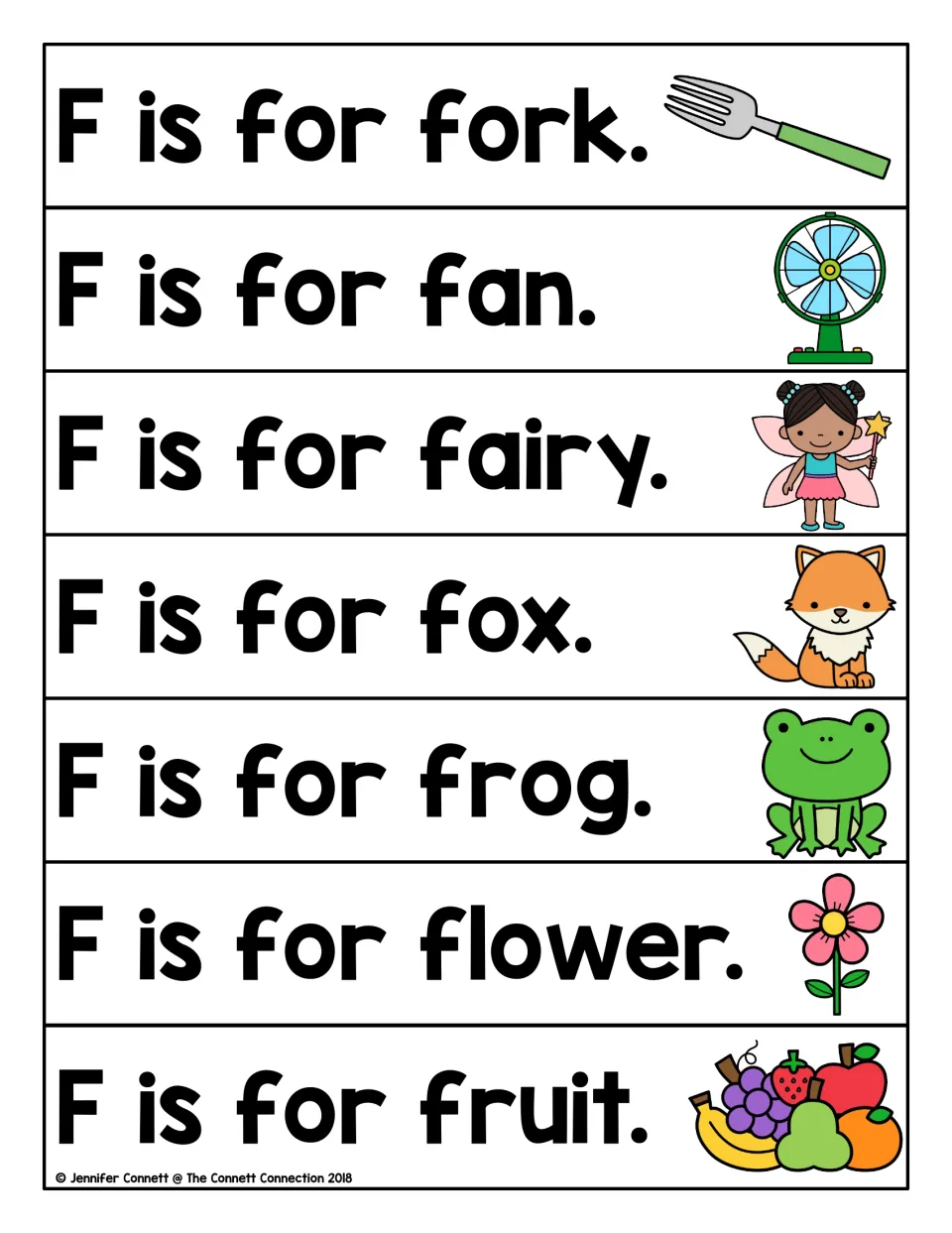 Beginning sound F sentences: students read F is for fork, fan, fairy, fox, frog, flower and fruit using picture clues