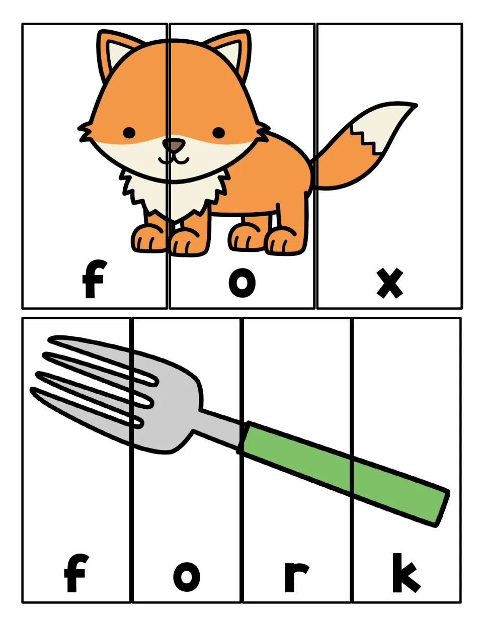Fox and fork puzzles: students order cut letter strips to spell f-o-x and f-o-r-k and rebuild each picture