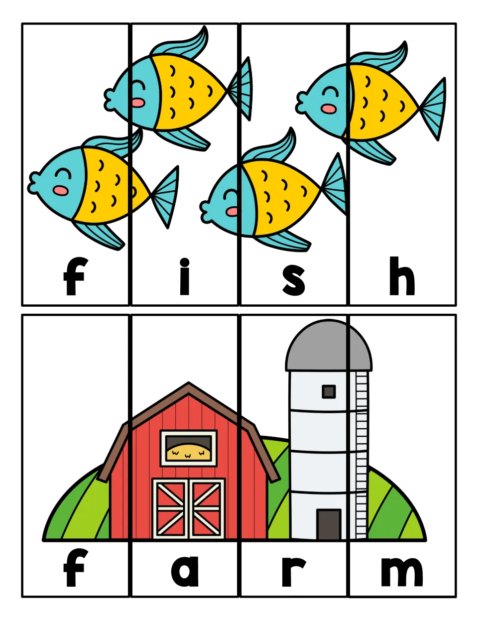 Fish and farm puzzles: students arrange four letter strips each to spell f-i-s-h and f-a-r-m and complete the pictures