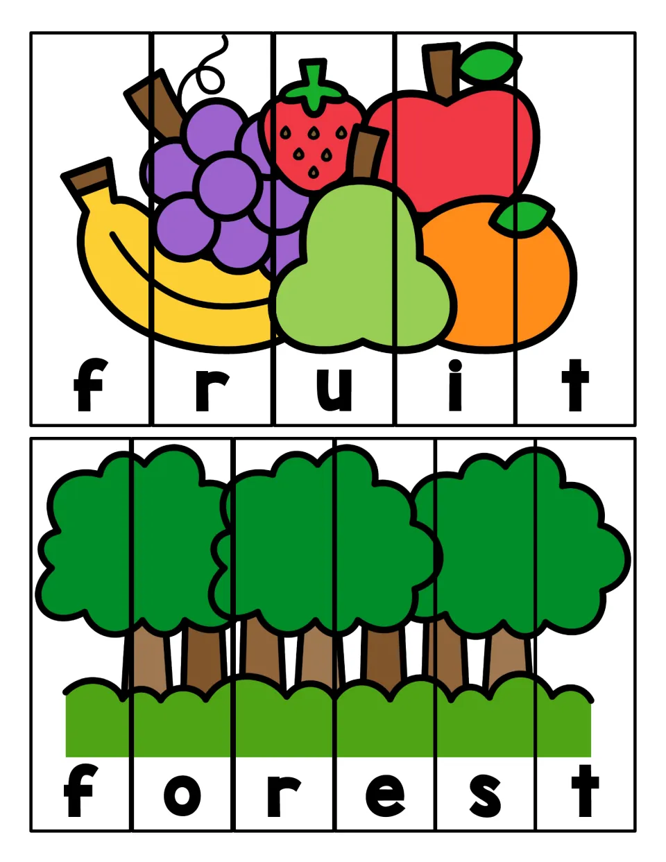 Fruit and forest puzzles: students sequence strips to spell f-r-u-i-t and f-o-r-e-s-t, rebuilding fruit and tree scenes