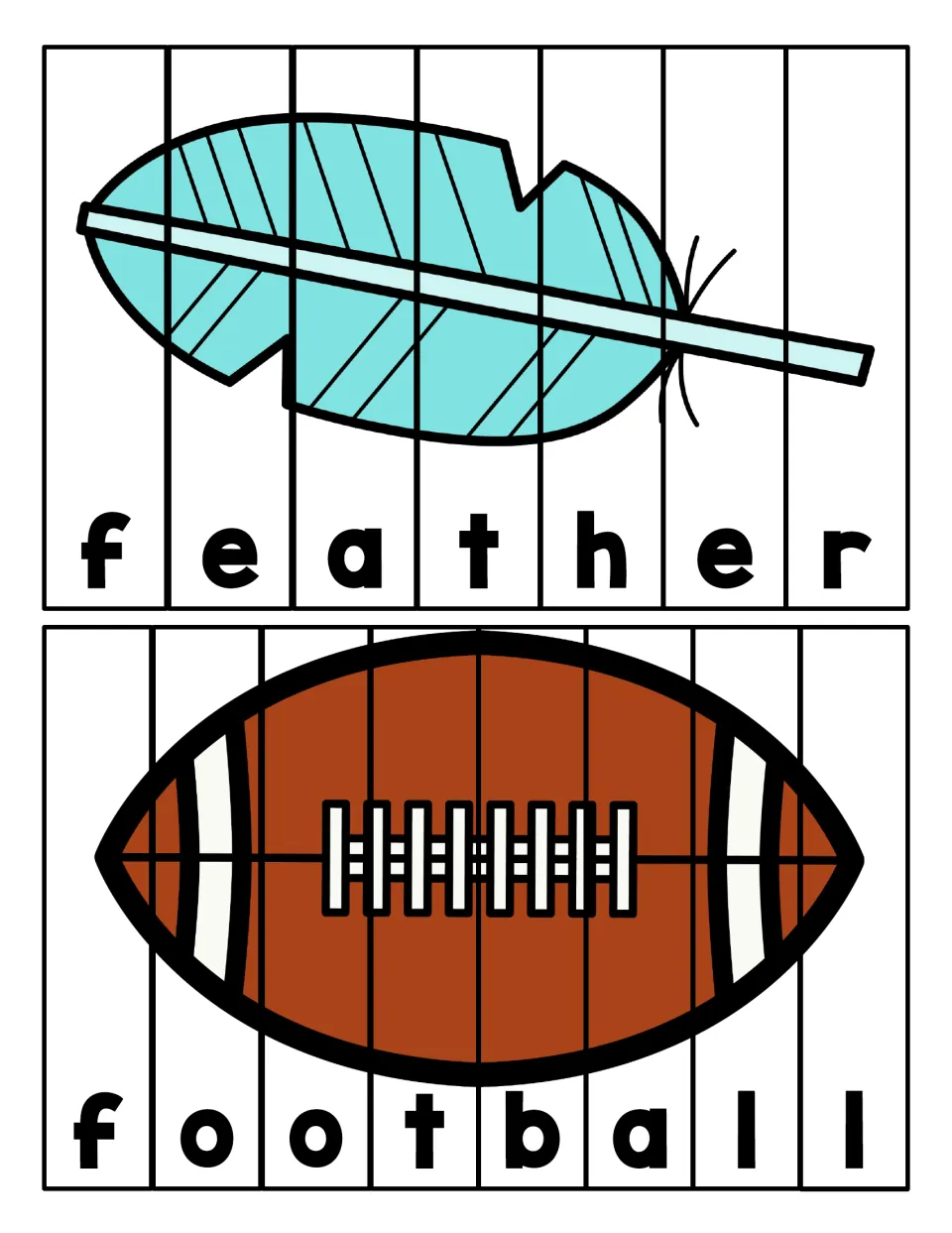 Feather and football puzzles: students put 7 and 8 letter strips in order to spell f-e-a-t-h-e-r and f-o-o-t-b-a-l-l