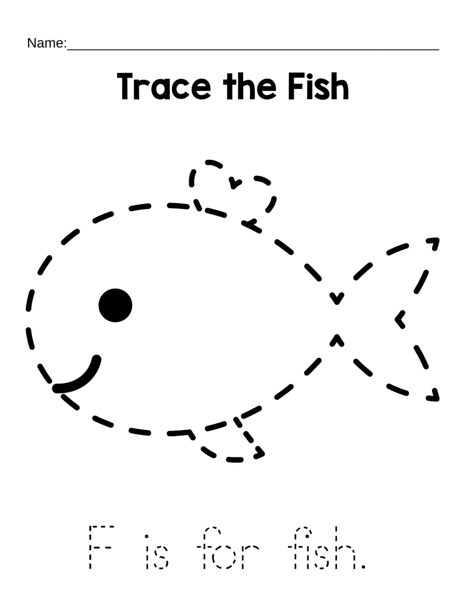 Trace the Fish: students follow arrows around a dashed fish outline, then trace the dotted sentence F is for fish.