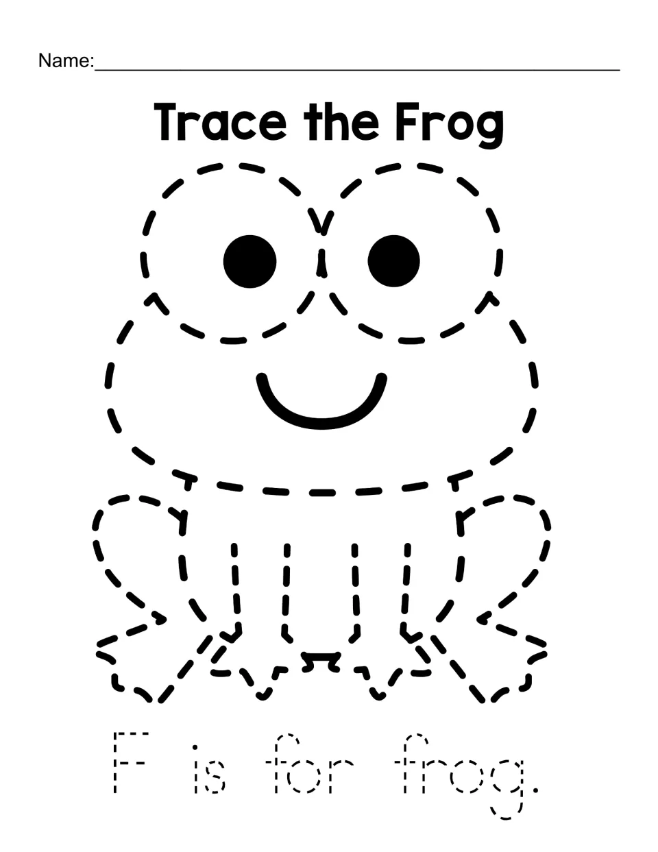 Trace the Frog: students trace a dashed smiling frog's head, legs and feet, then trace the dotted sentence F is for frog.