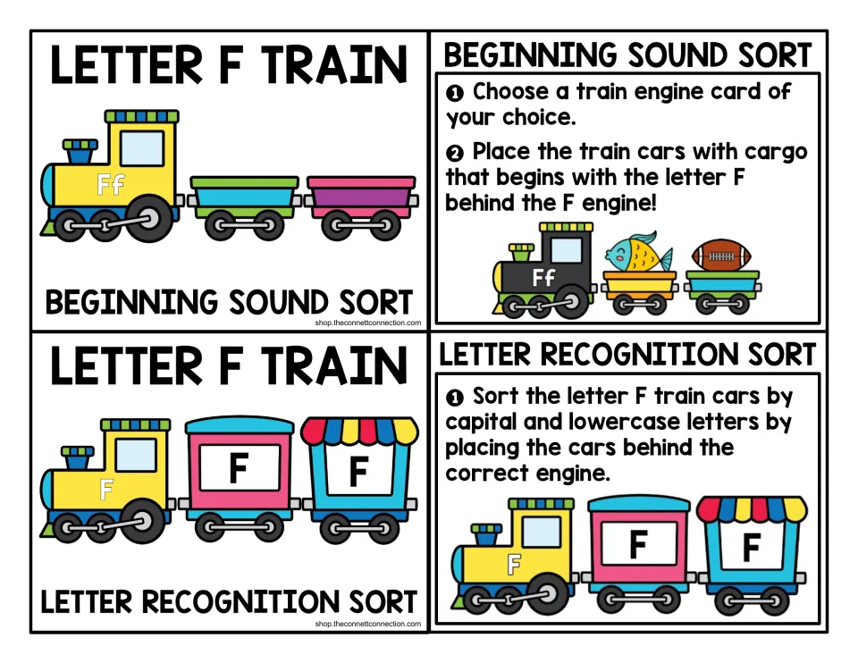 Letter F train center cards: titles and directions for a beginning sound sort and a capital/lowercase F sort