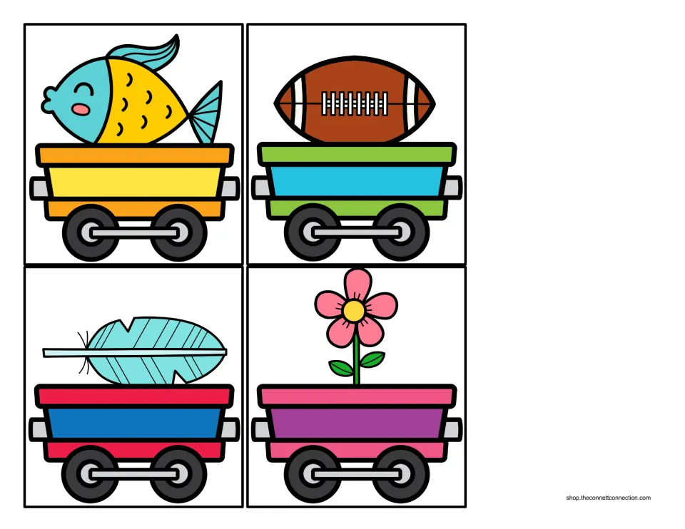 Beginning sound cards: train cars carrying a fish, football, feather and flower, all starting with the F sound to sort