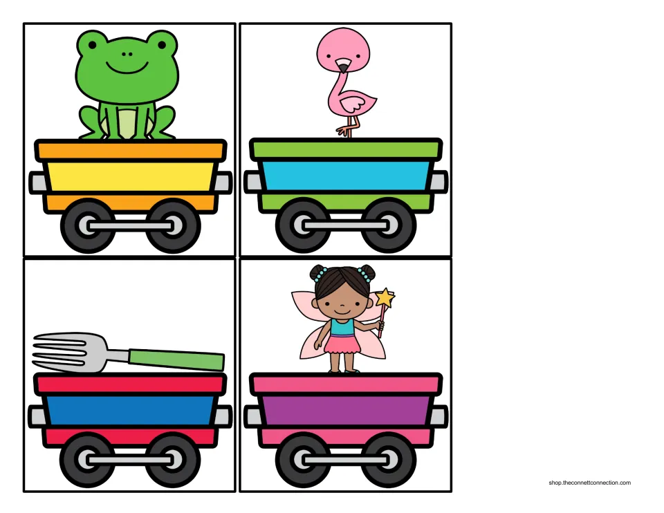 Picture cars for the F sound sort showing a frog, flamingo, fork and fairy for students to place behind the F engine