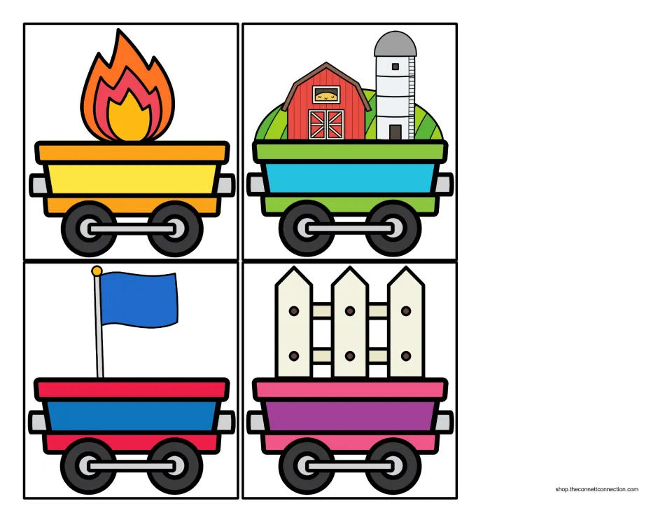 More F cargo cards: train cars holding fire, a farm with barn and silo, a flag and a fence for the beginning sound sort