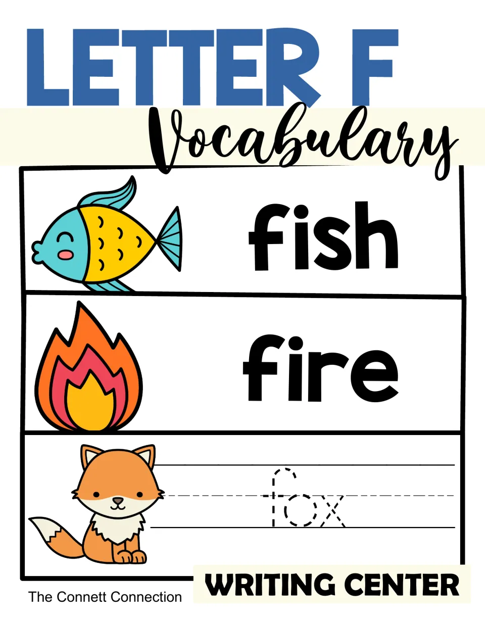 Letter F vocabulary cover for a writing center: fish and fire picture cards and a fox card with a word to trace