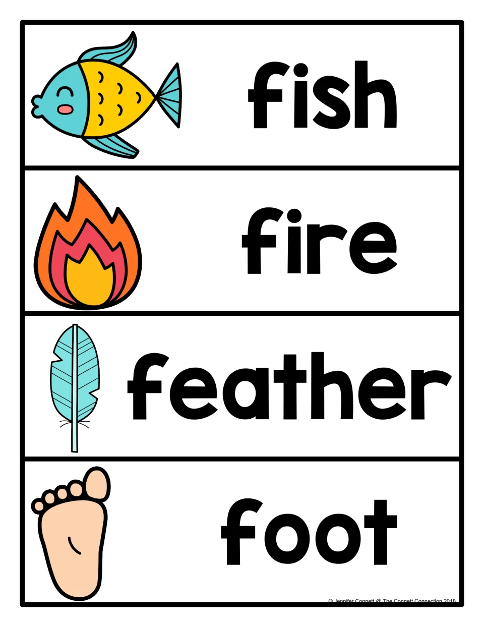 F word picture cards: fish, fire, feather and foot, each printed in bold beside a matching picture to read