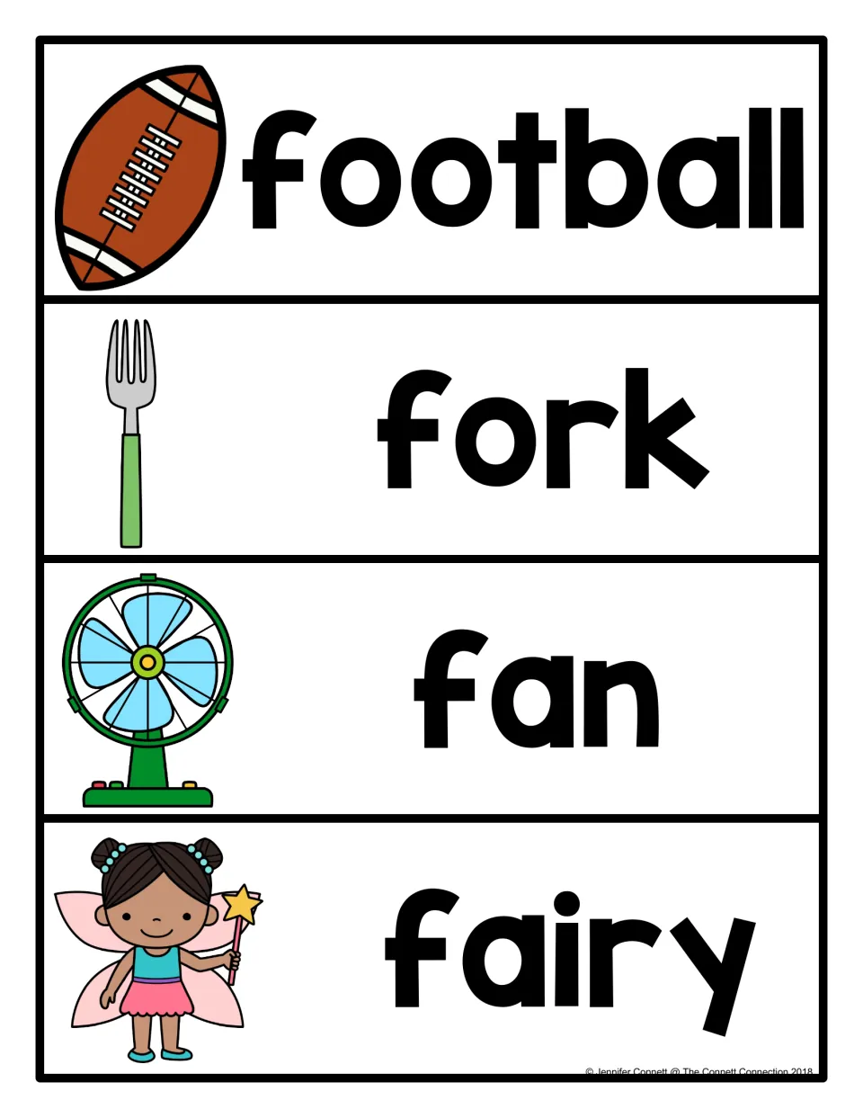 Beginning F sound cards: football, fork, fan and fairy, each bold word shown next to its picture for reading