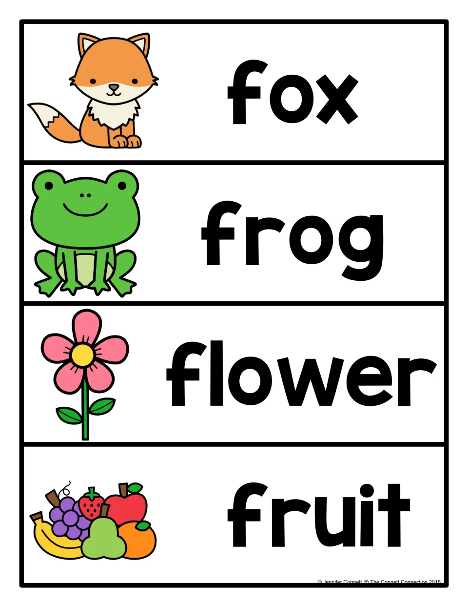 More F picture-word cards: fox, frog, flower and fruit in large bold print, each paired with a picture