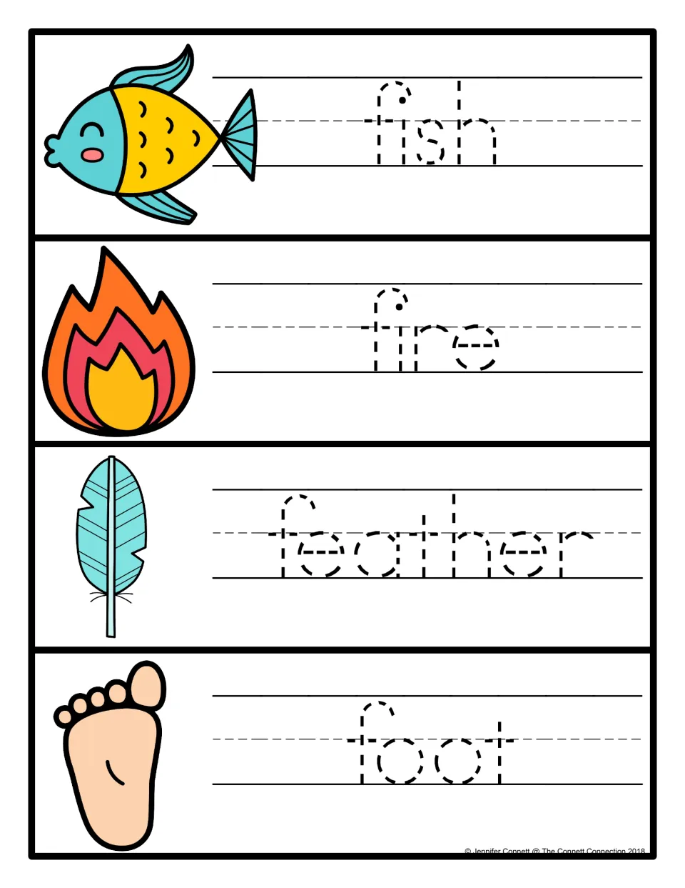 F word handwriting: students trace the dotted words fish, fire, feather and foot beside each picture