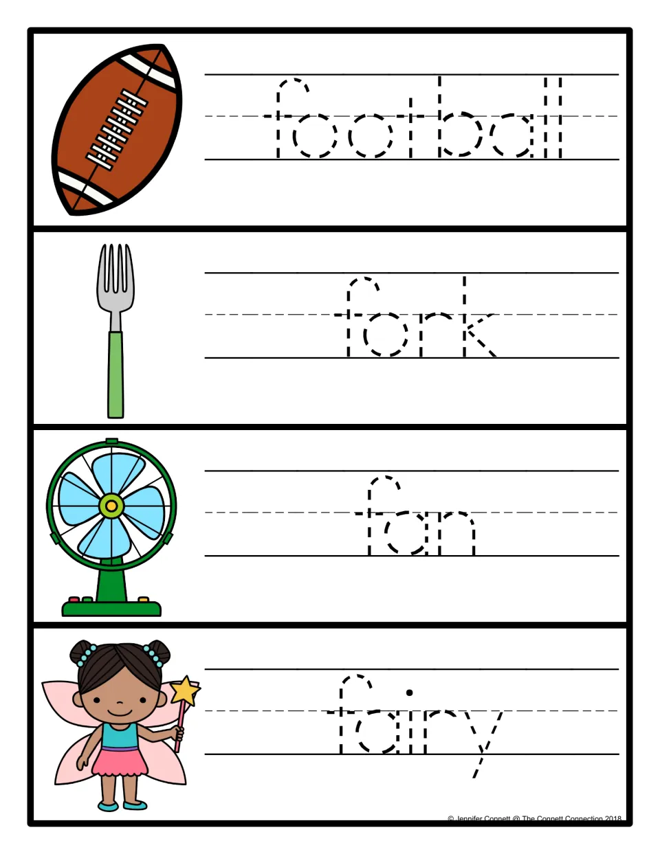 Tracing F words: students trace dotted football, fork, fan and fairy, each next to a picture of the word
