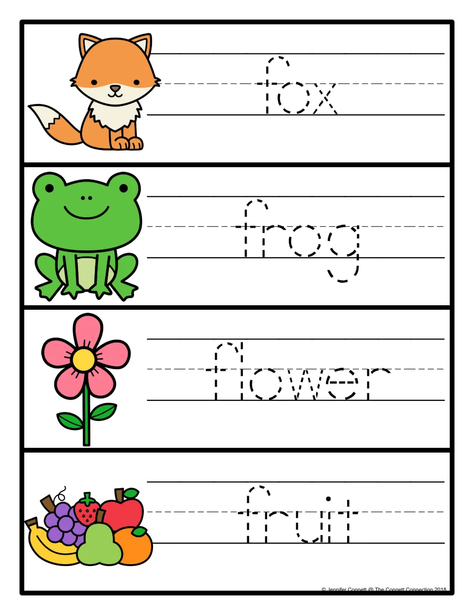 F word tracing: students trace dotted fox, frog, flower and fruit, using each picture as a word clue