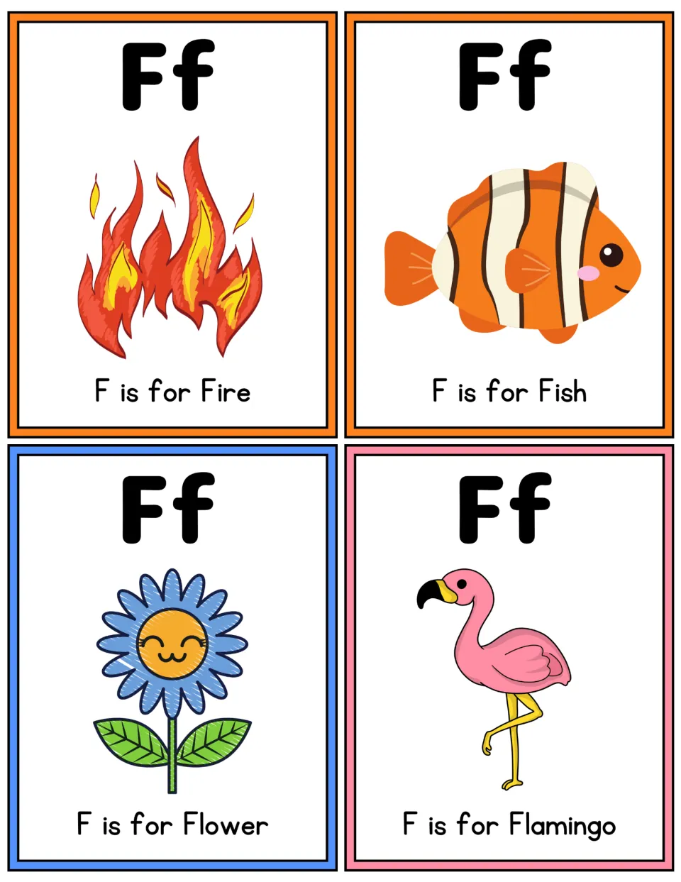 Letter Ff picture flashcards in color: F is for Fire, Fish, Flower and Flamingo for practicing the initial F sound