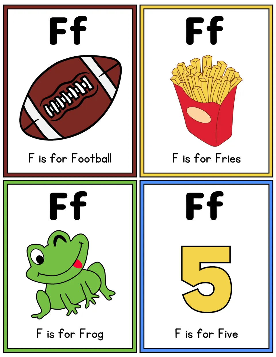Color Ff flashcards showing F is for Football, Fries, Frog and Five, pairing each picture with the beginning F sound