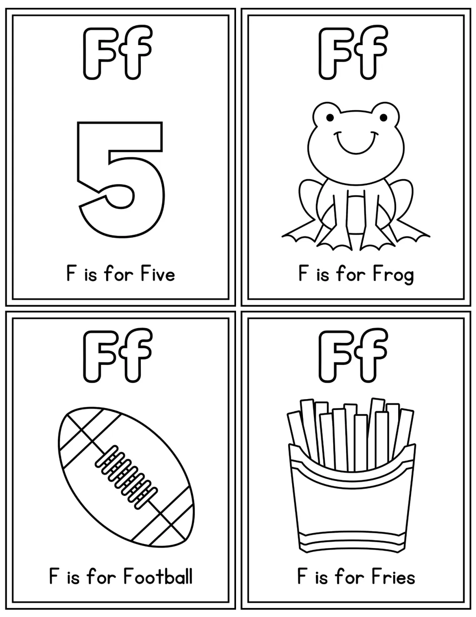 Black-and-white Ff cards to color: F is for Five, Frog, Football and Fries, each with an outlined Ff to fill in