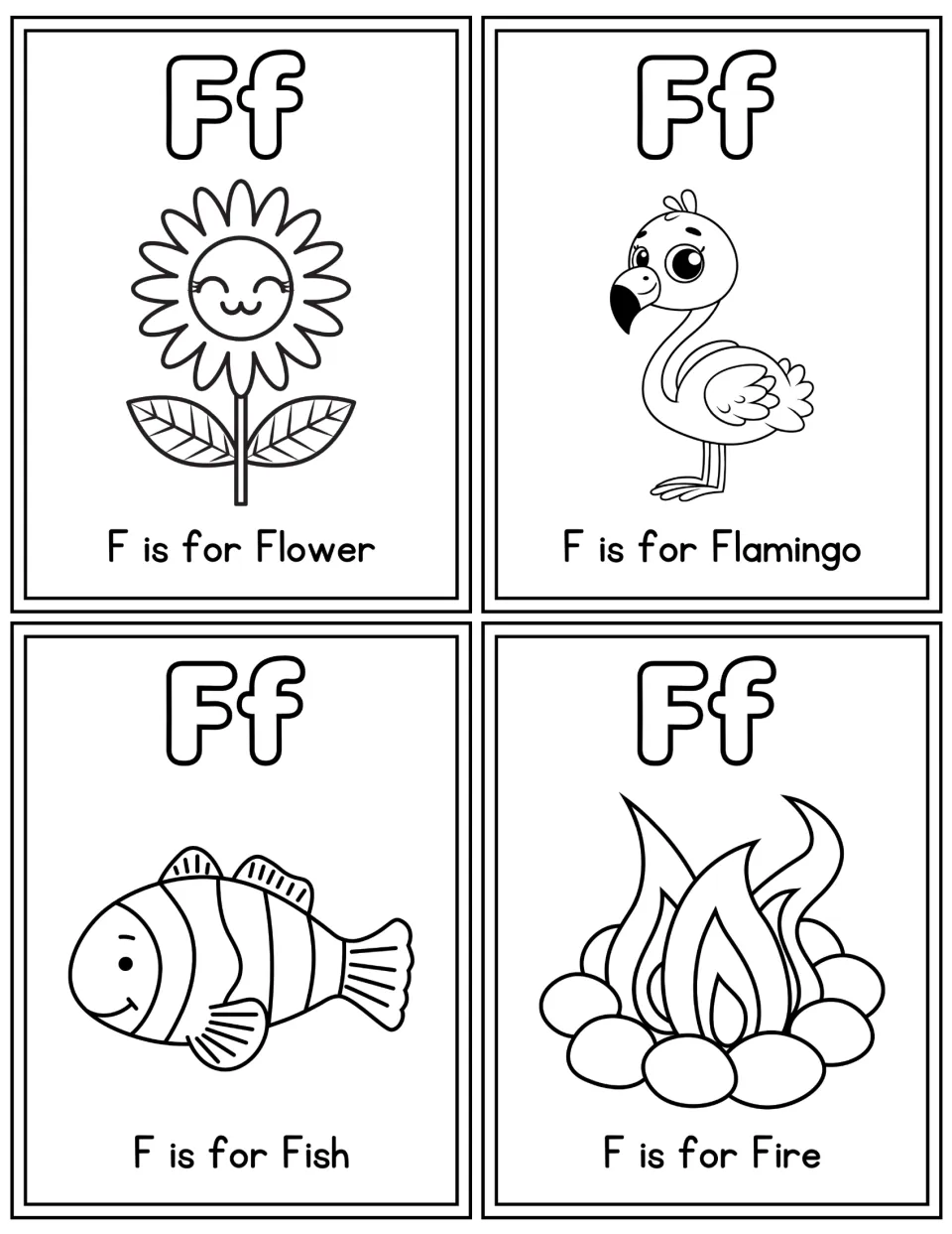 Coloring cards for letter F: students color F is for Flower, Flamingo, Fish and Fire along with a bubble-letter Ff