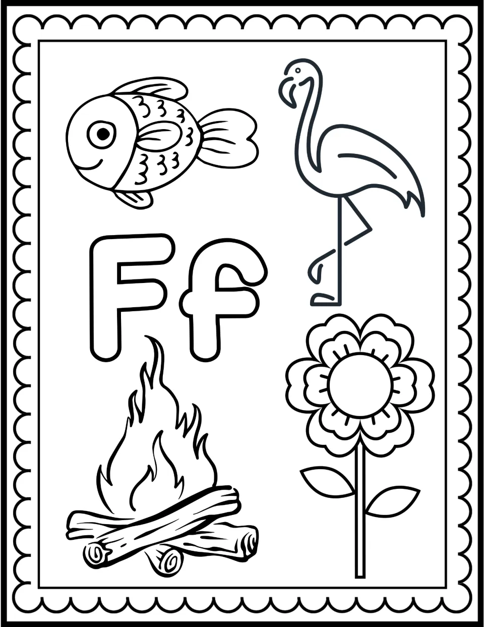Letter F coloring page: students color a bubble-letter Ff surrounded by a fish, flamingo, campfire and flower