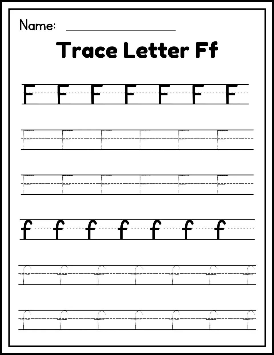Trace Letter Ff handwriting practice: students trace rows of dotted uppercase F and lowercase f after a bold model
