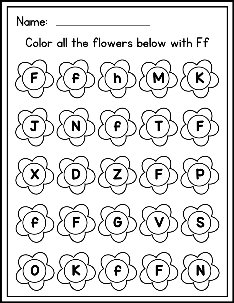 Letter recognition: students color all the flowers with F or f, finding them among 25 flowers holding mixed letters