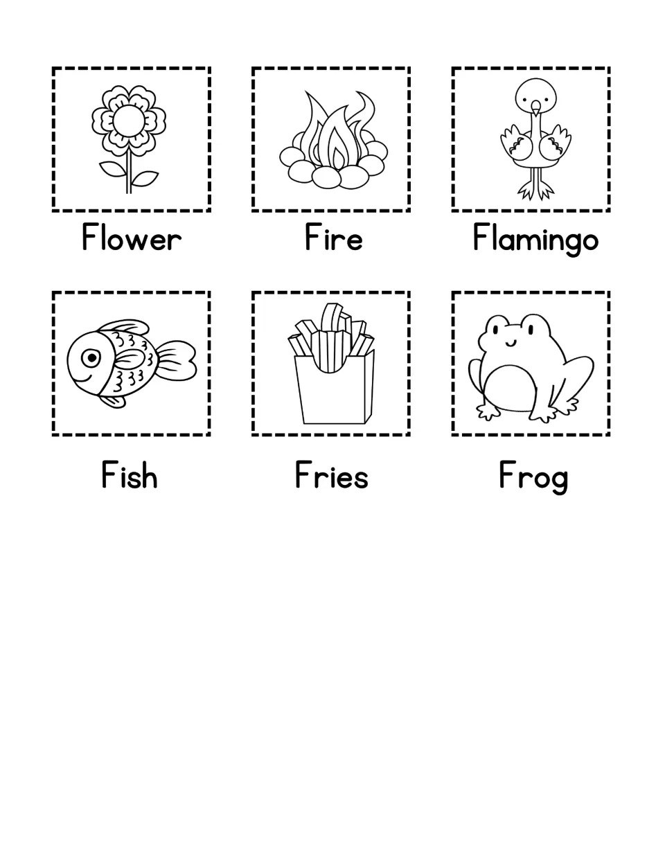 F word picture cards: students cut out labeled pictures of a flower, fire, flamingo, fish, fries and frog