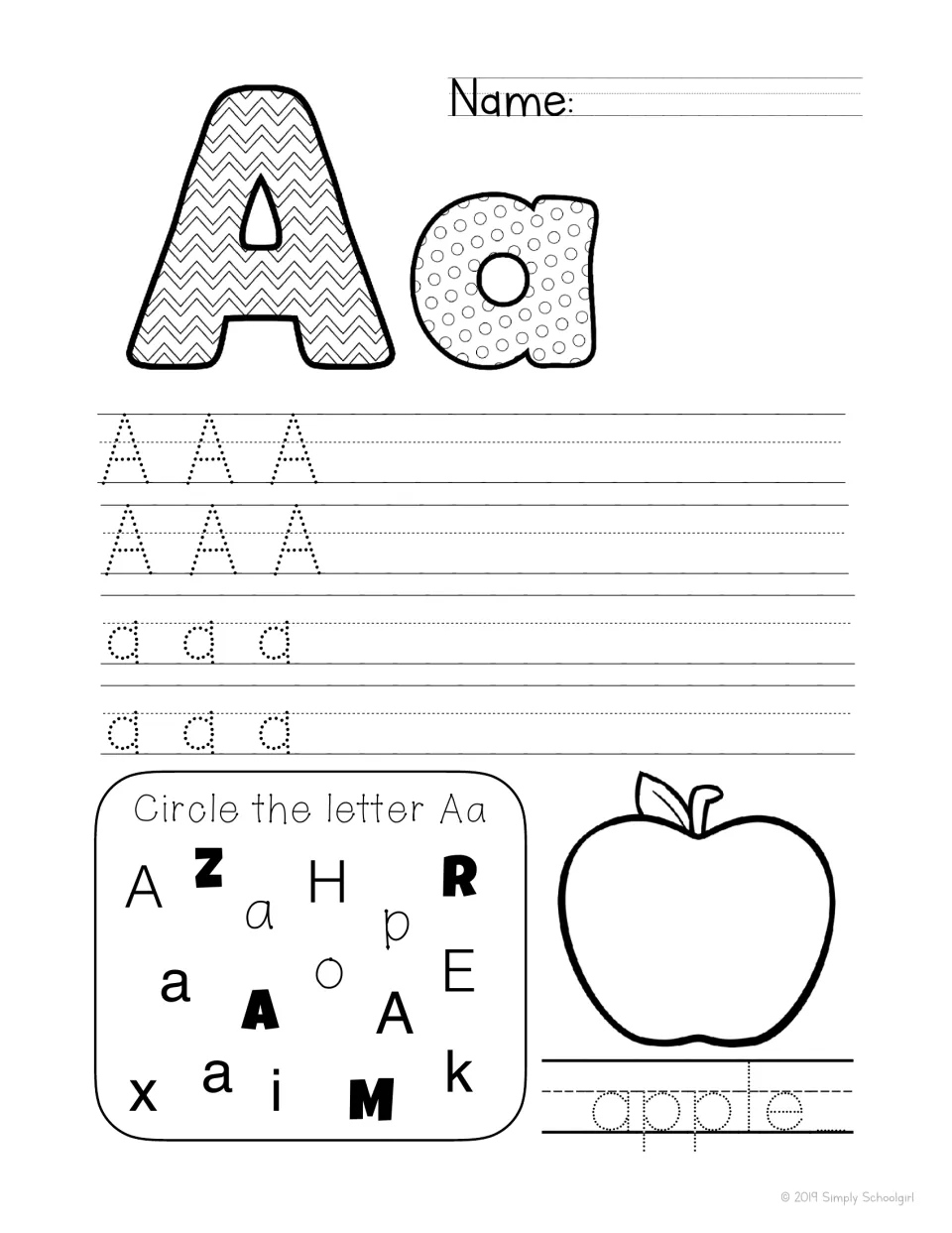 Letter Aa: students color a patterned Aa, trace A and a, circle each Aa among other letters and trace the word apple