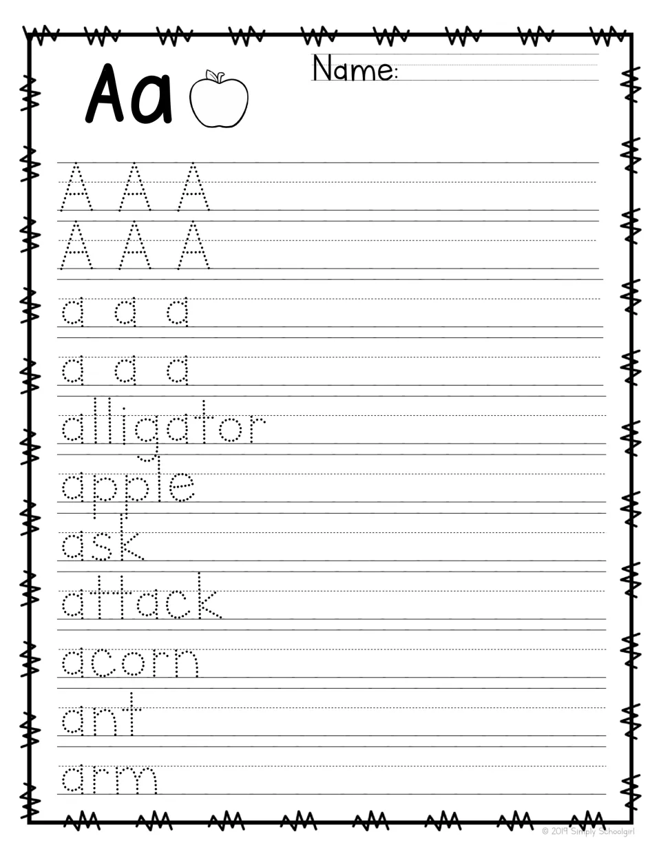 Letter Aa handwriting: students trace A and a, then trace a-words alligator, apple, ask, attack, acorn, ant and arm