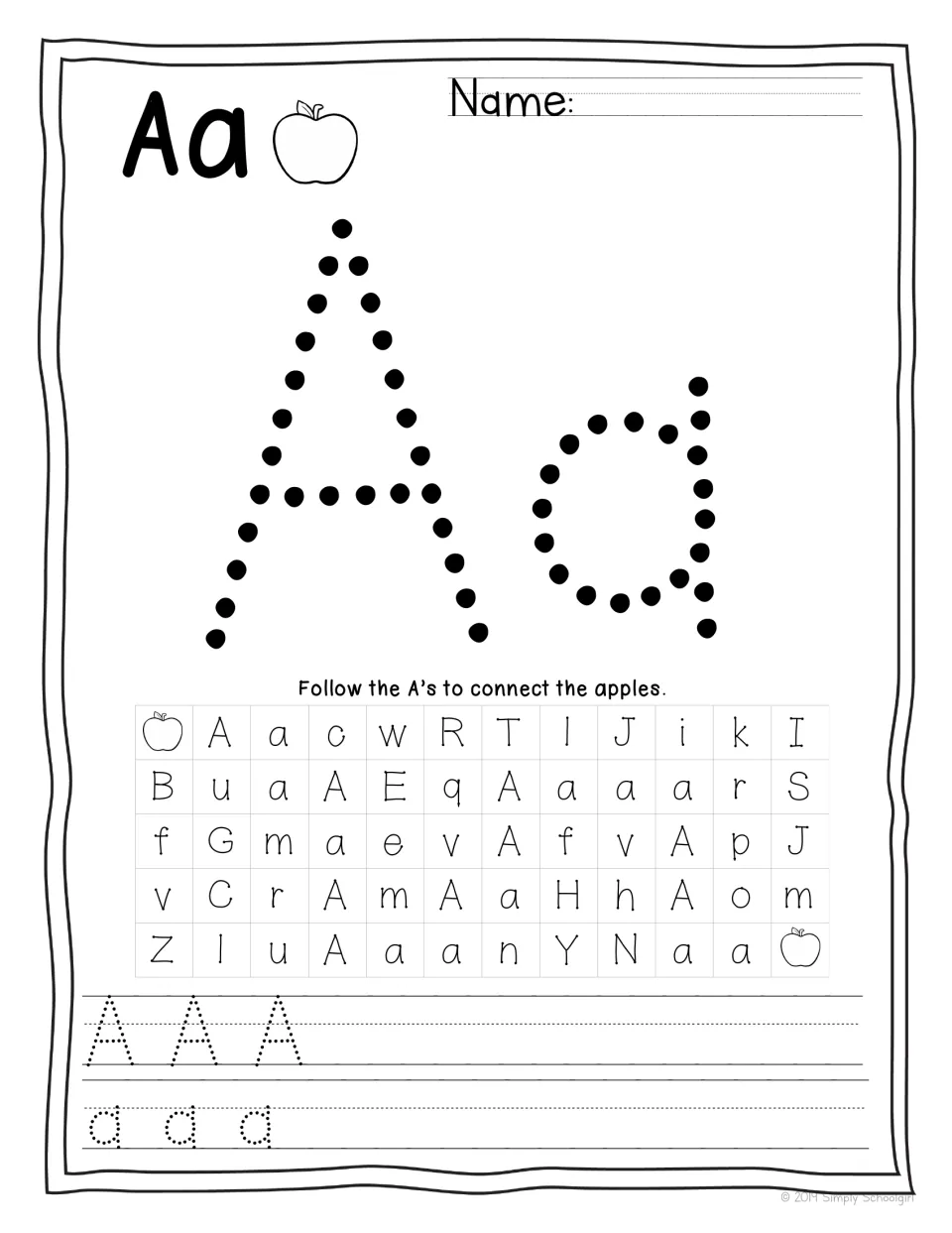 Letter Aa: students trace a dotted Aa, follow the A's through a letter maze to connect the apples, and trace A and a