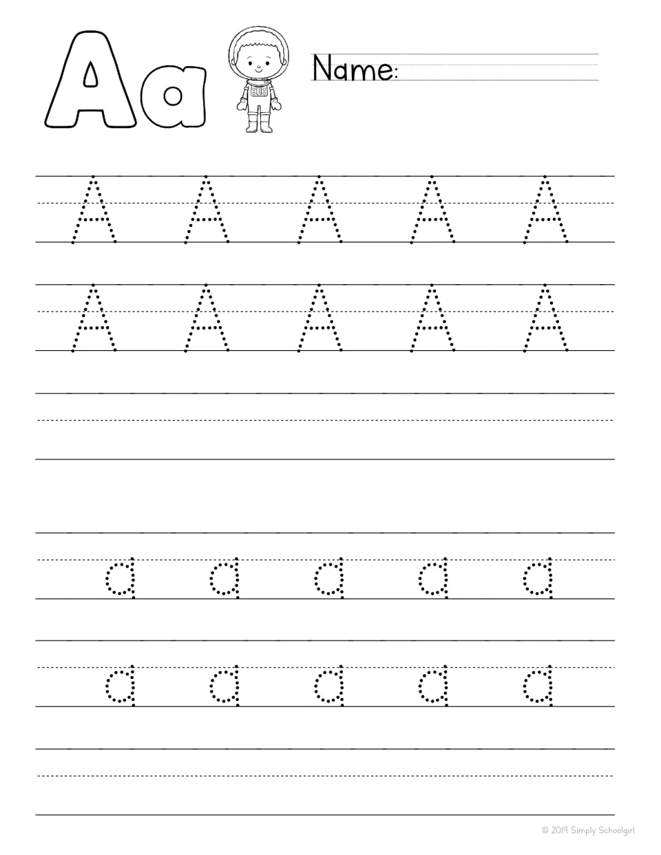Letter Aa tracing: students trace two rows each of capital A and lowercase a, then write them on their own