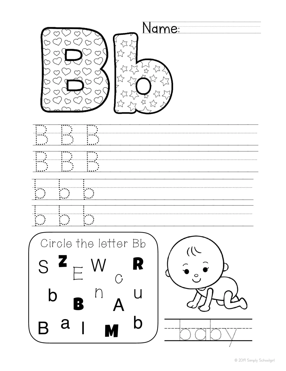 Letter Bb: students color a patterned Bb, trace B and b, circle each Bb among other letters and trace the word baby