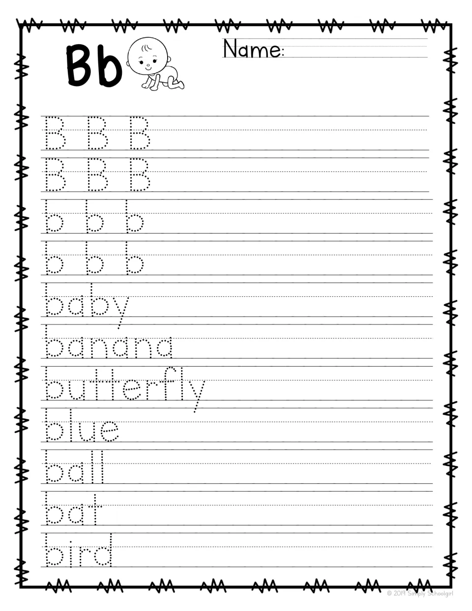 Letter Bb handwriting: students trace B and b, then trace b-words baby, banana, butterfly, blue, ball, bat and bird