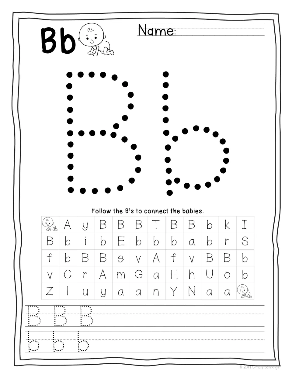 Letter Bb: students trace a dotted Bb, follow the B's through a letter maze to connect the babies, and trace B and b