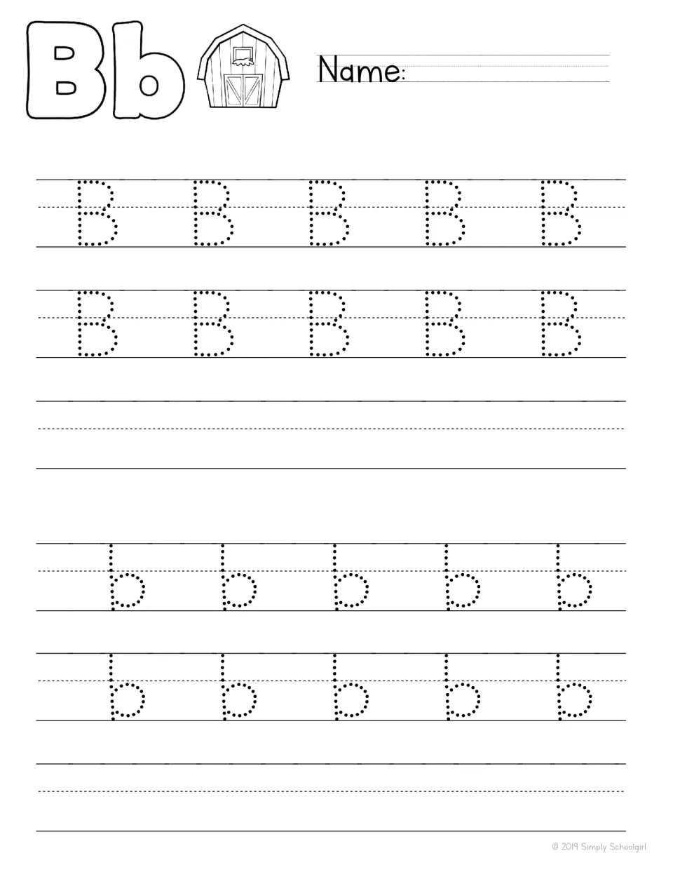 Letter Bb tracing: students trace two rows each of capital B and lowercase b, then write them on their own