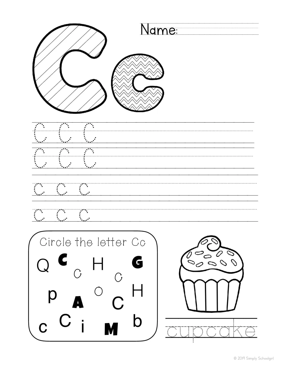 Letter Cc: students color a patterned Cc, trace C and c, circle each Cc among other letters and trace the word cupcake